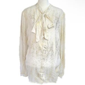 7 For All Mankind Med Silk Tie Neck White Gold Blouse Button Down Shirt NWT